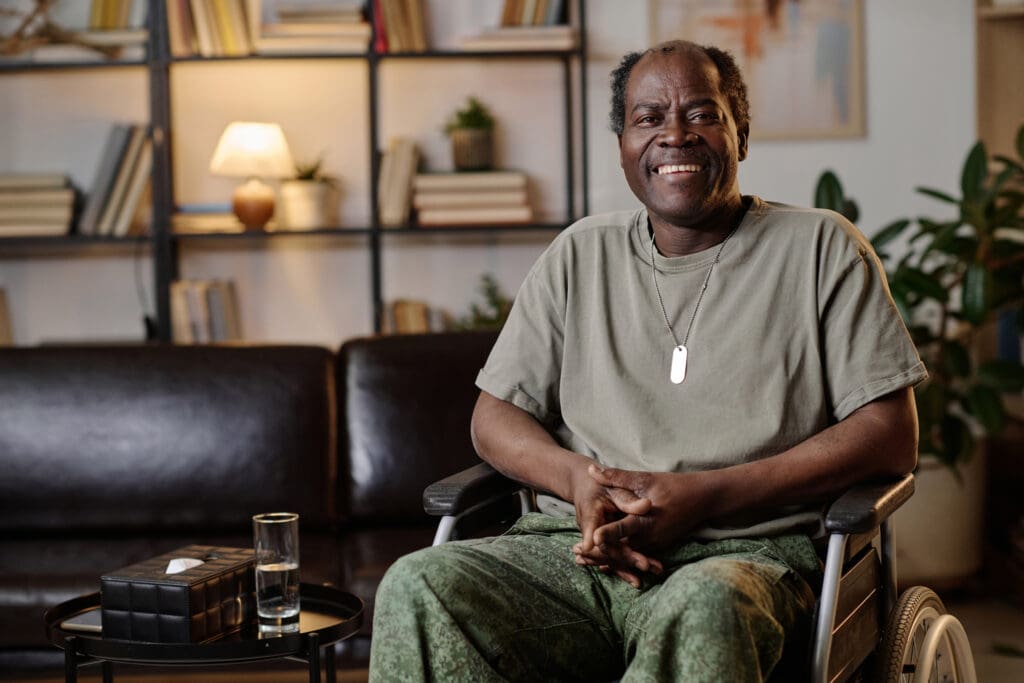 senior african american soldier in wheelchair sitting at psychologist office